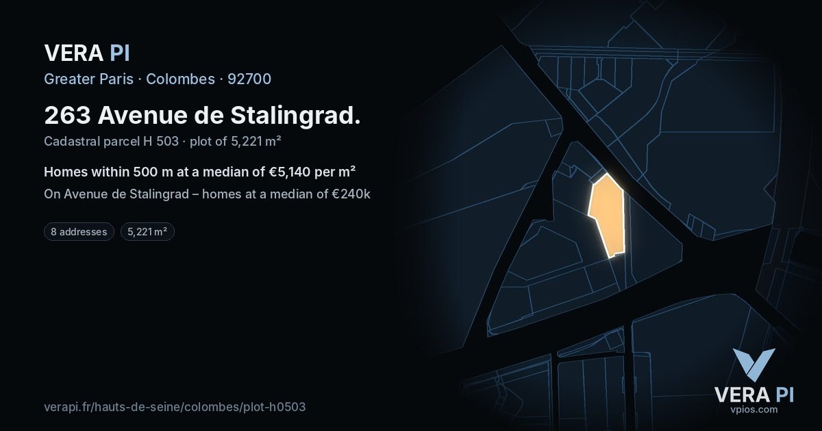 263 Avenue de Stalingrad, Colombes at night – the plot lit, the parcels around coloured by the prices near them