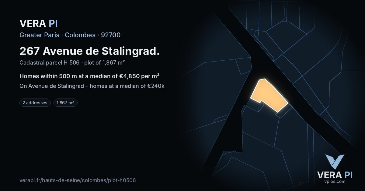 267 Avenue de Stalingrad, Colombes at night – the plot lit, the parcels around coloured by the prices near them