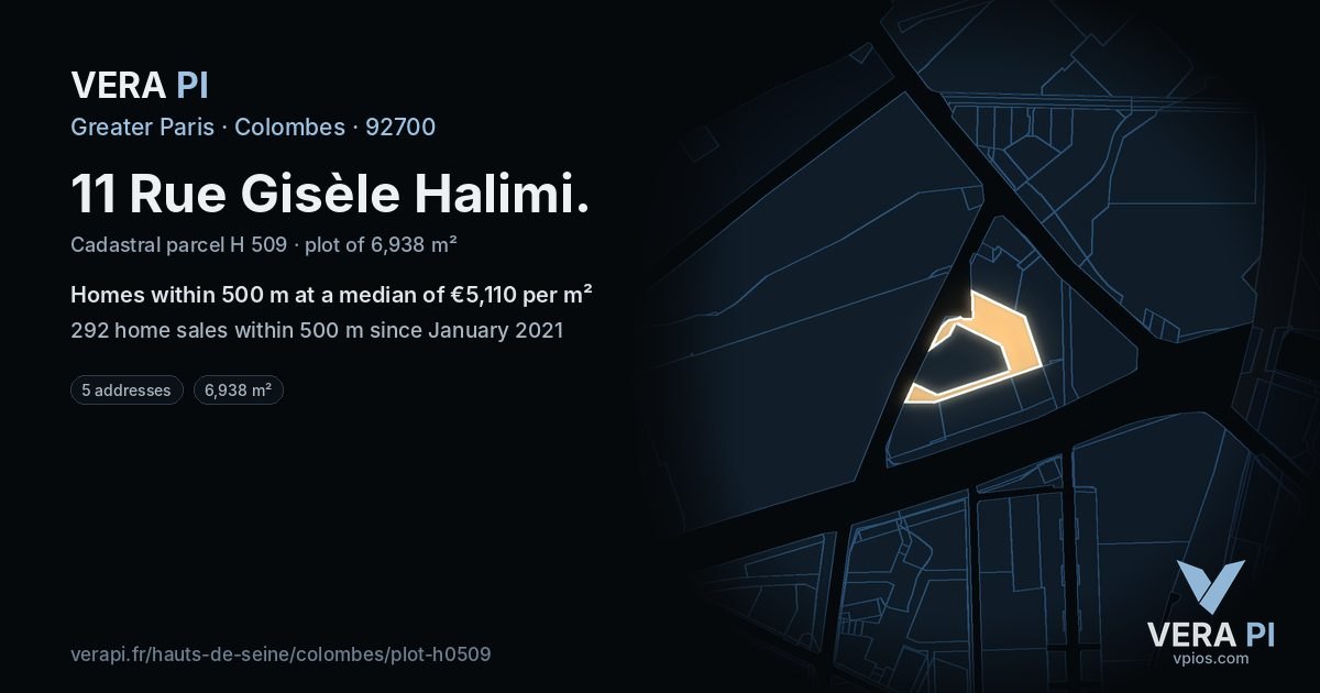 11 Rue Gisèle Halimi, Colombes at night – the plot lit, the parcels around coloured by the prices near them