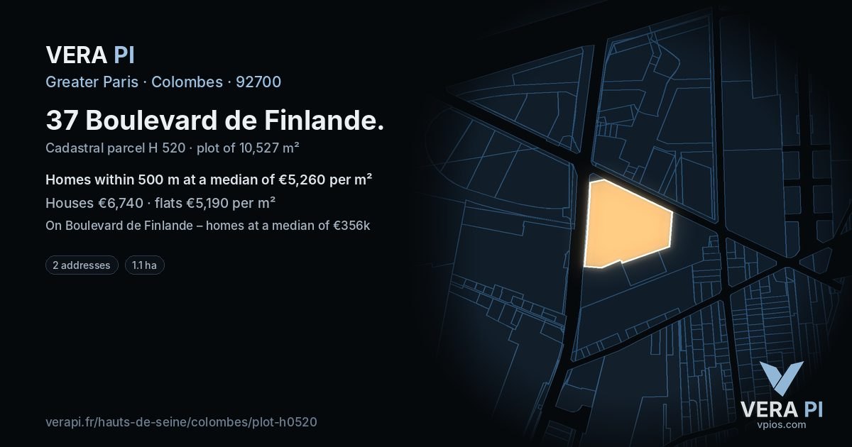 37 Boulevard de Finlande, Colombes at night – the plot lit, the parcels around coloured by the prices near them