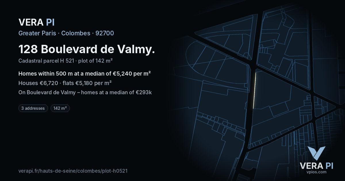 128 Boulevard de Valmy, Colombes at night – the plot lit, the parcels around coloured by the prices near them