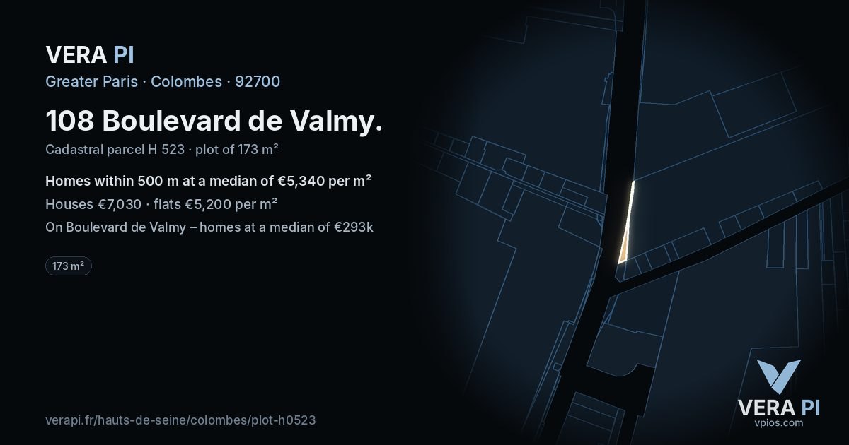 108 Boulevard de Valmy, Colombes at night – the plot lit, the parcels around coloured by the prices near them