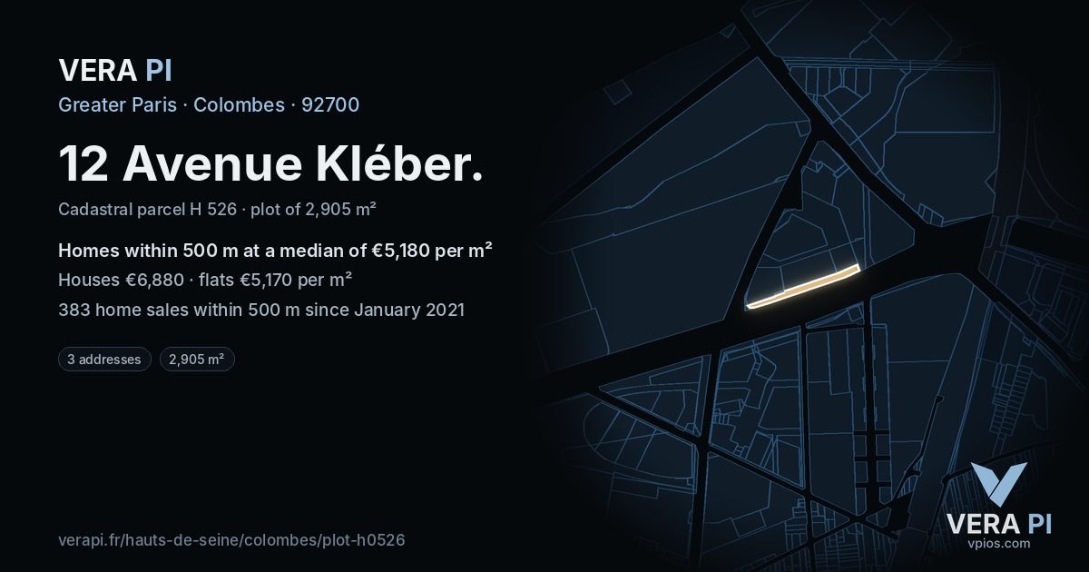 12 Avenue Kléber, Colombes at night – the plot lit, the parcels around coloured by the prices near them