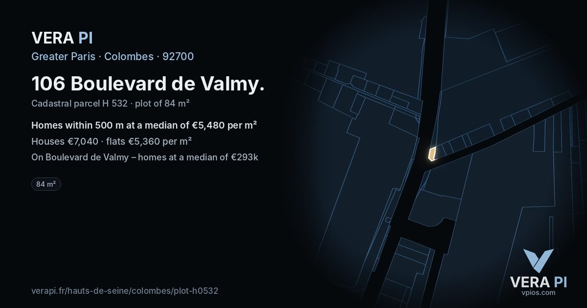 106 Boulevard de Valmy, Colombes at night – the plot lit, the parcels around coloured by the prices near them