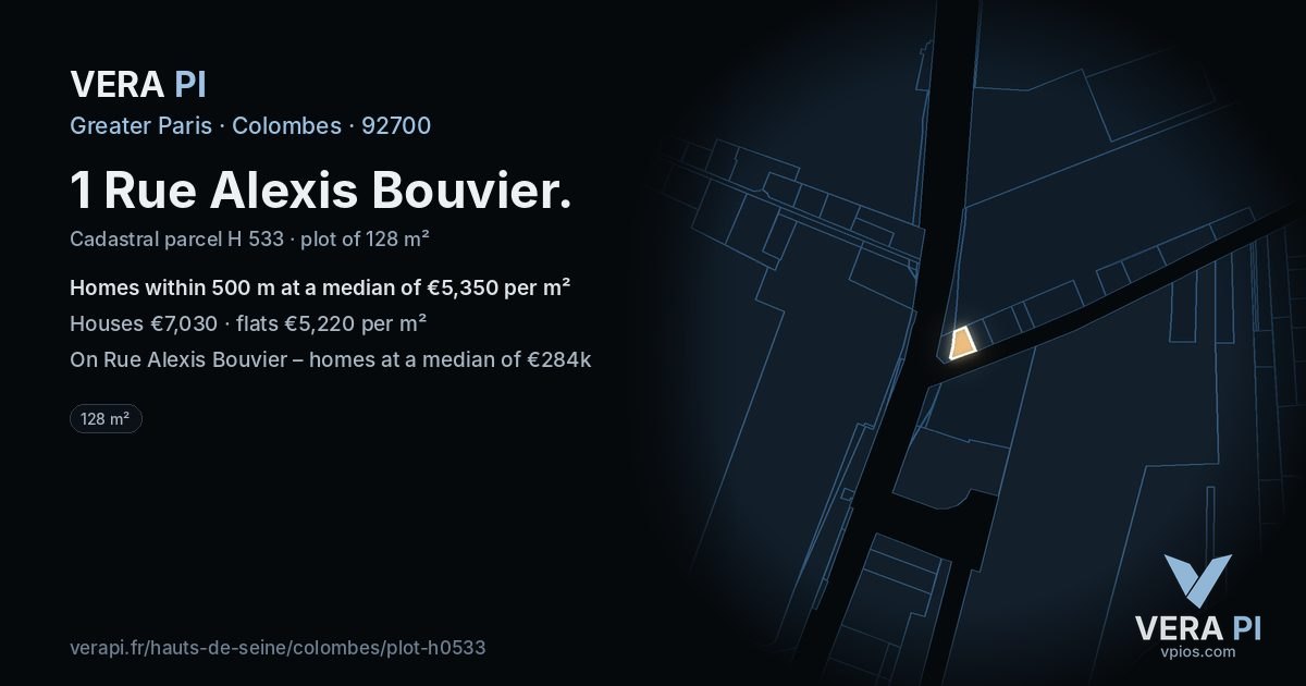 1 Rue Alexis Bouvier, Colombes at night – the plot lit, the parcels around coloured by the prices near them