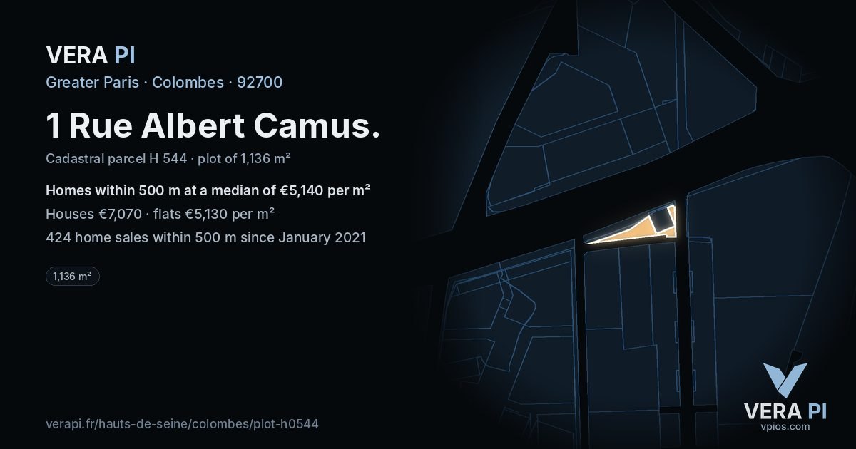 1 Rue Albert Camus, Colombes at night – the plot lit, the parcels around coloured by the prices near them