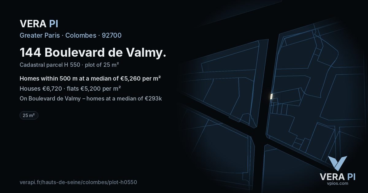 144 Boulevard de Valmy, Colombes at night – the plot lit, the parcels around coloured by the prices near them