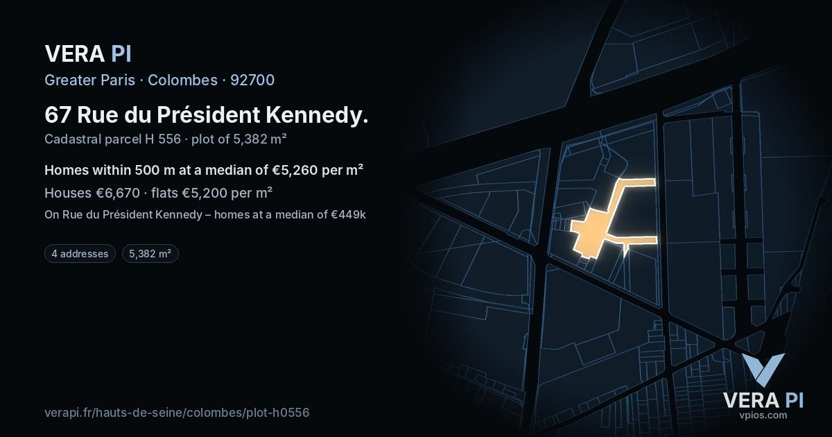 67 Rue du Président Kennedy, Colombes at night – the plot lit, the parcels around coloured by the prices near them