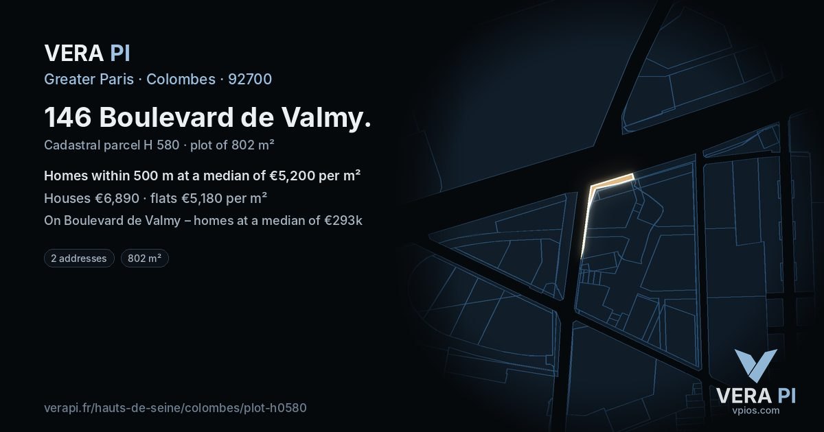 146 Boulevard de Valmy, Colombes at night – the plot lit, the parcels around coloured by the prices near them