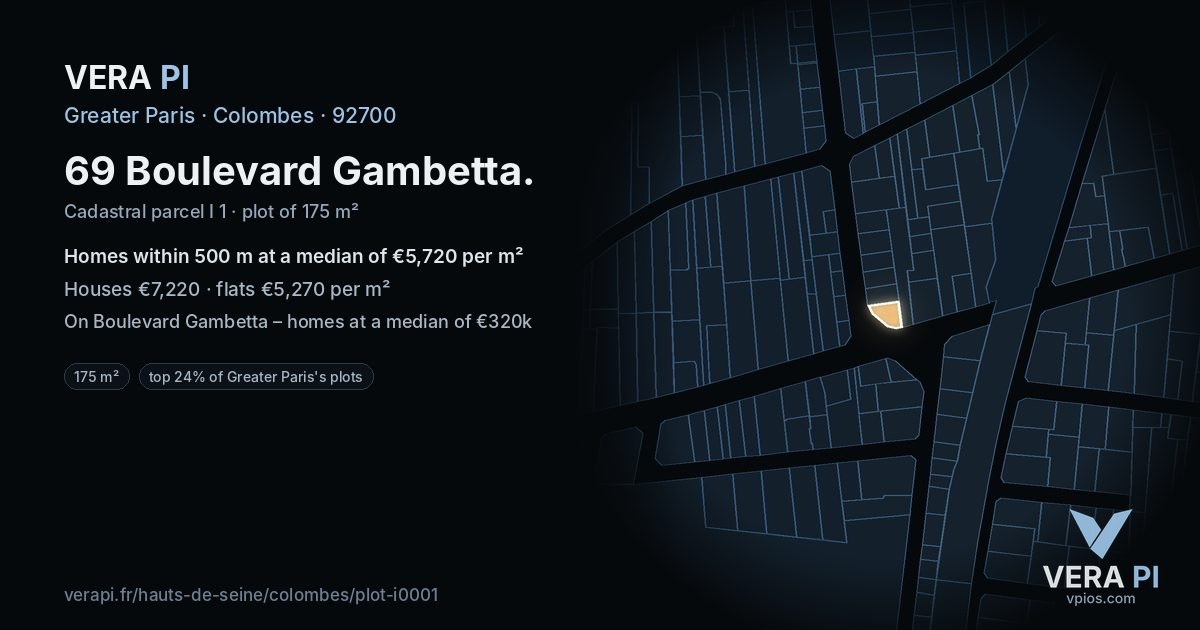 69 Boulevard Gambetta, Colombes at night – the plot lit, the parcels around coloured by the prices near them