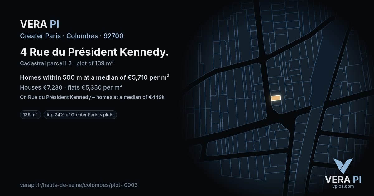 4 Rue du Président Kennedy, Colombes at night – the plot lit, the parcels around coloured by the prices near them