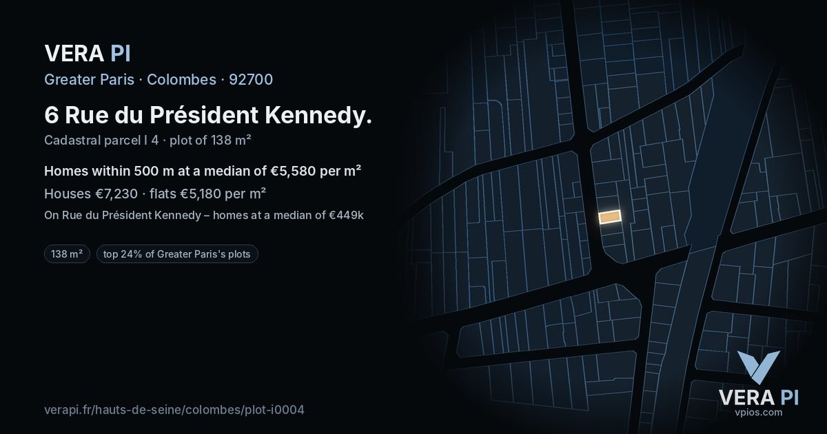 6 Rue du Président Kennedy, Colombes at night – the plot lit, the parcels around coloured by the prices near them