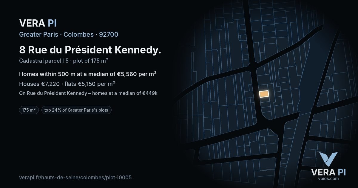 8 Rue du Président Kennedy, Colombes at night – the plot lit, the parcels around coloured by the prices near them