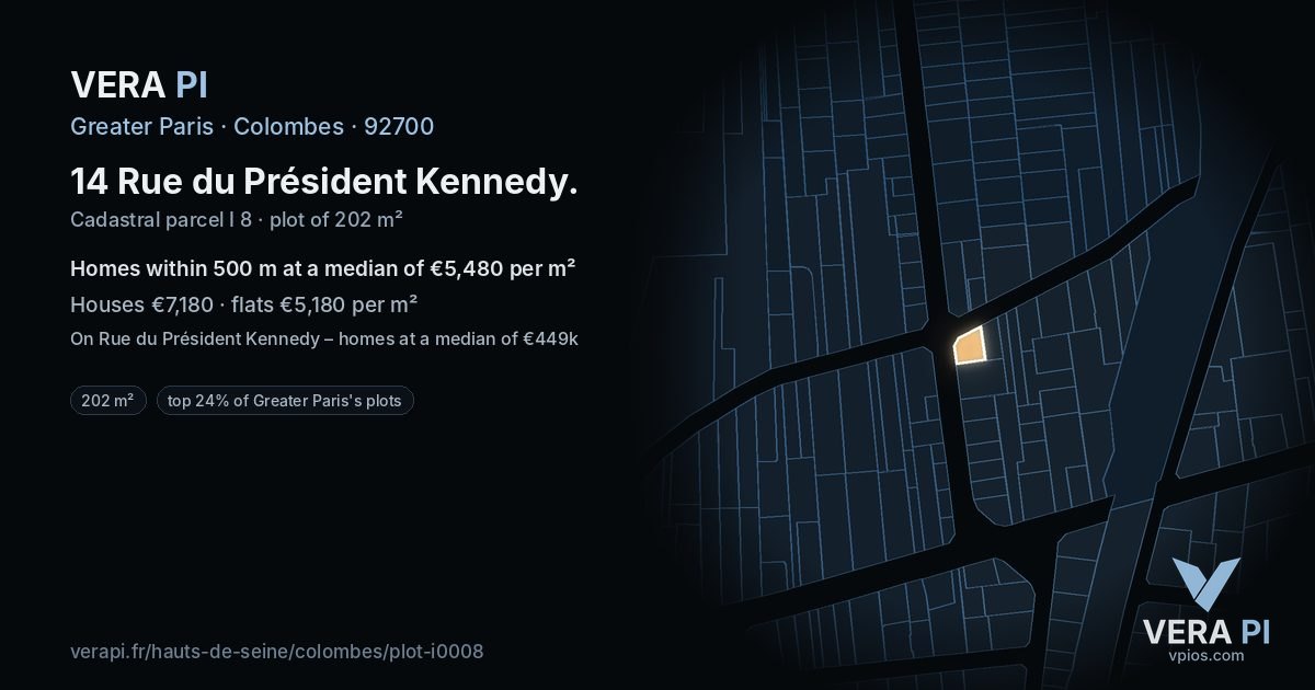 14 Rue du Président Kennedy, Colombes at night – the plot lit, the parcels around coloured by the prices near them