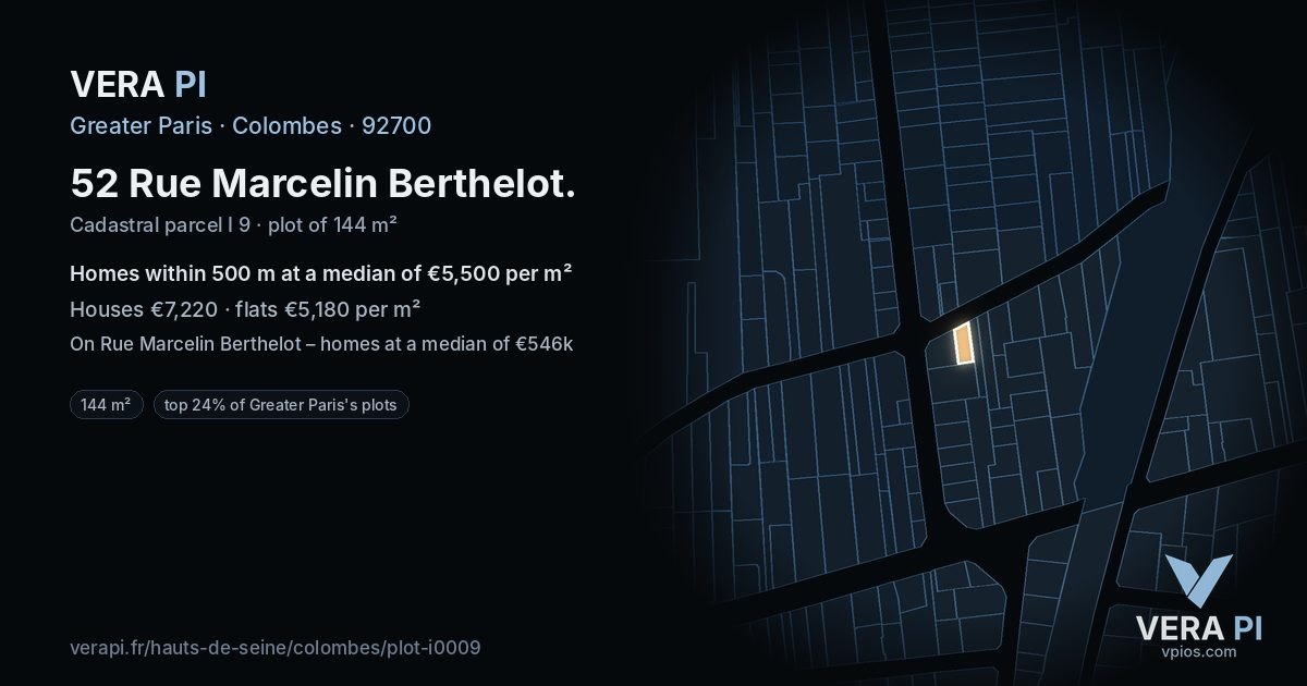 52 Rue Marcelin Berthelot, Colombes at night – the plot lit, the parcels around coloured by the prices near them