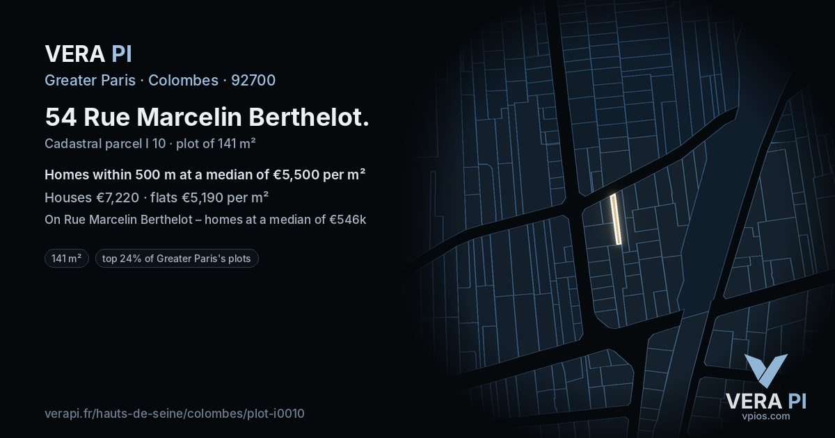 54 Rue Marcelin Berthelot, Colombes at night – the plot lit, the parcels around coloured by the prices near them