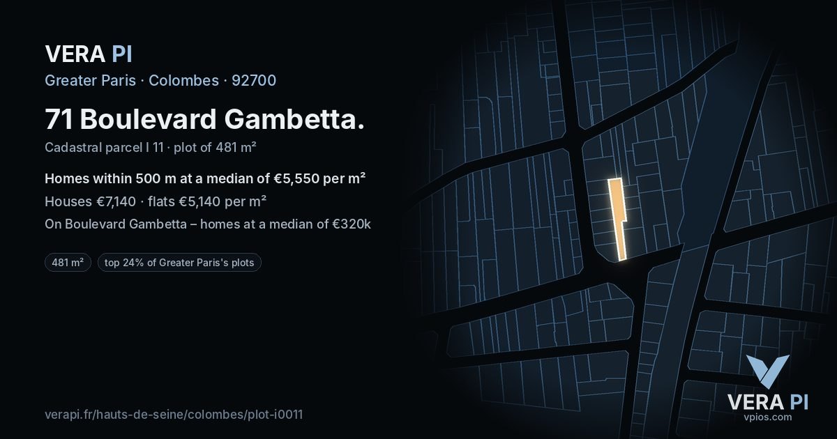 71 Boulevard Gambetta, Colombes at night – the plot lit, the parcels around coloured by the prices near them