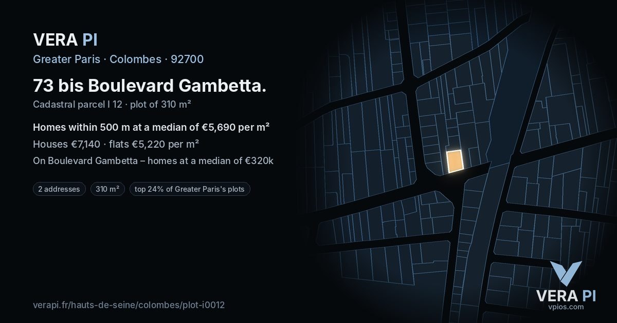 73 bis Boulevard Gambetta, Colombes at night – the plot lit, the parcels around coloured by the prices near them