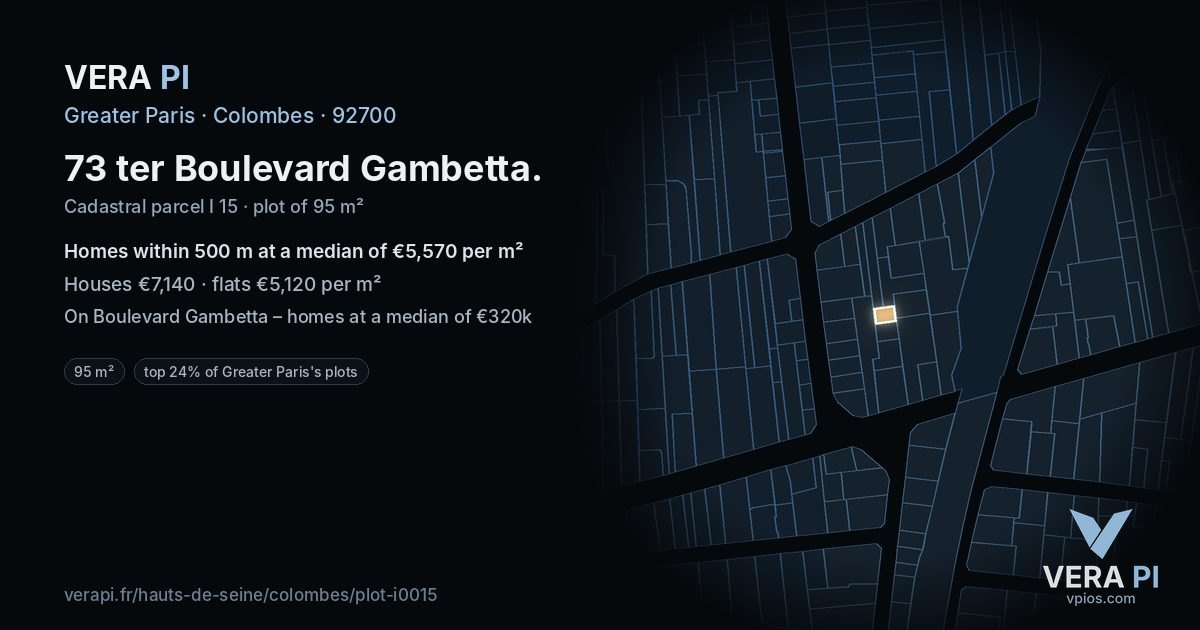 73 ter Boulevard Gambetta, Colombes at night – the plot lit, the parcels around coloured by the prices near them