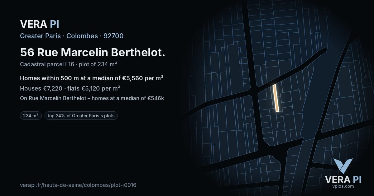 56 Rue Marcelin Berthelot, Colombes at night – the plot lit, the parcels around coloured by the prices near them