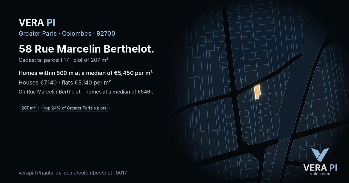 58 Rue Marcelin Berthelot, Colombes at night – the plot lit, the parcels around coloured by the prices near them