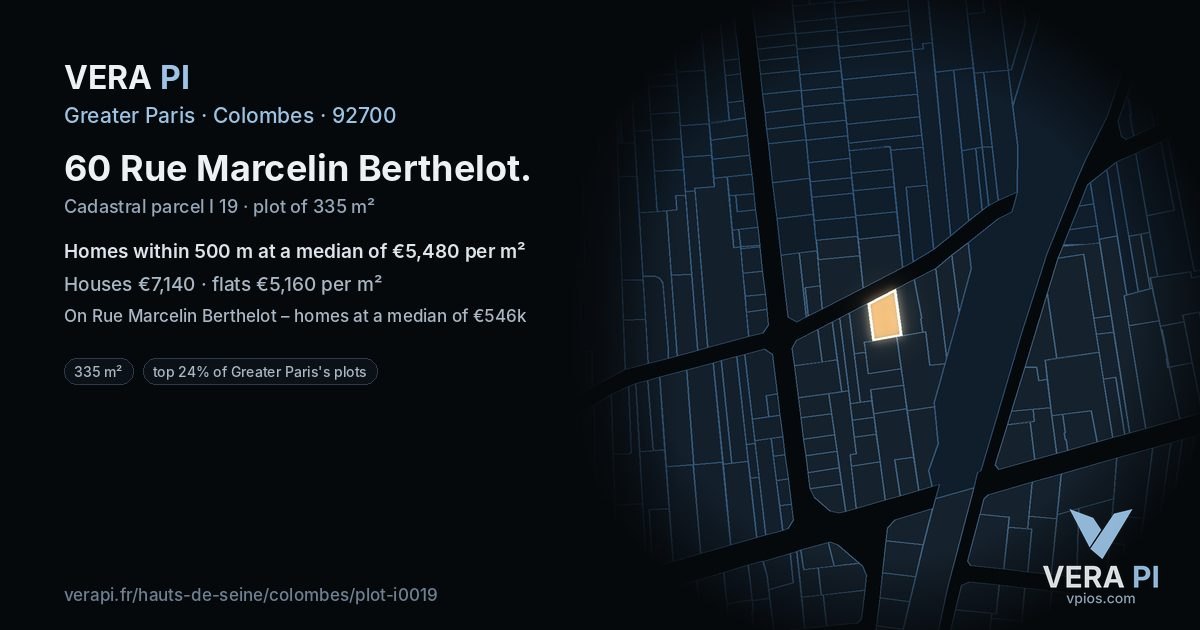 60 Rue Marcelin Berthelot, Colombes at night – the plot lit, the parcels around coloured by the prices near them