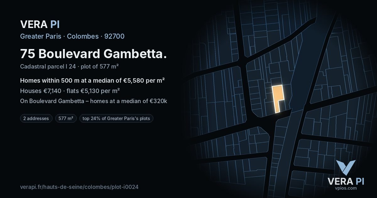 75 Boulevard Gambetta, Colombes at night – the plot lit, the parcels around coloured by the prices near them