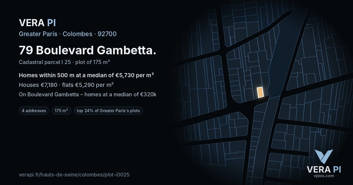 79 Boulevard Gambetta, Colombes at night – the plot lit, the parcels around coloured by the prices near them