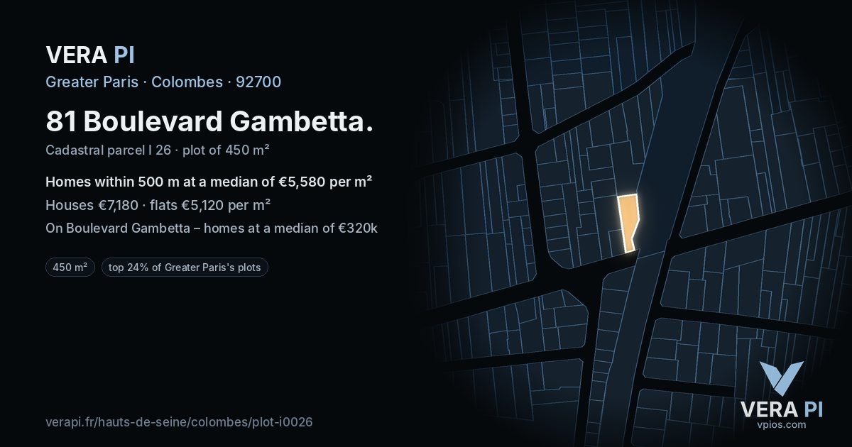 81 Boulevard Gambetta, Colombes at night – the plot lit, the parcels around coloured by the prices near them