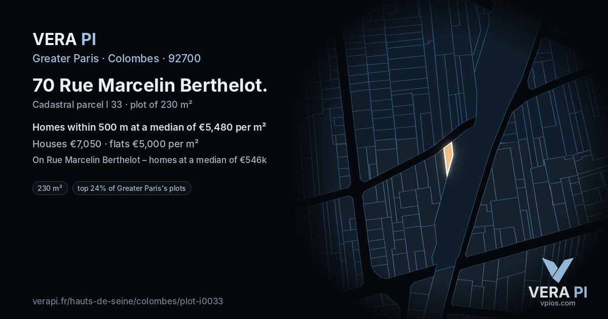 70 Rue Marcelin Berthelot, Colombes at night – the plot lit, the parcels around coloured by the prices near them
