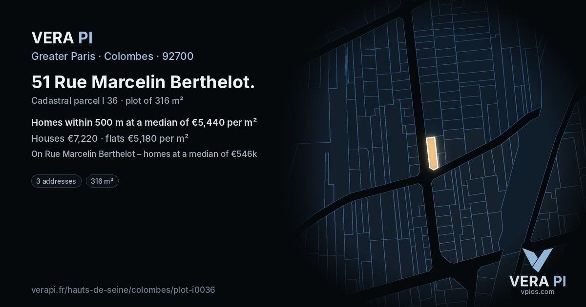 51 Rue Marcelin Berthelot, Colombes at night – the plot lit, the parcels around coloured by the prices near them