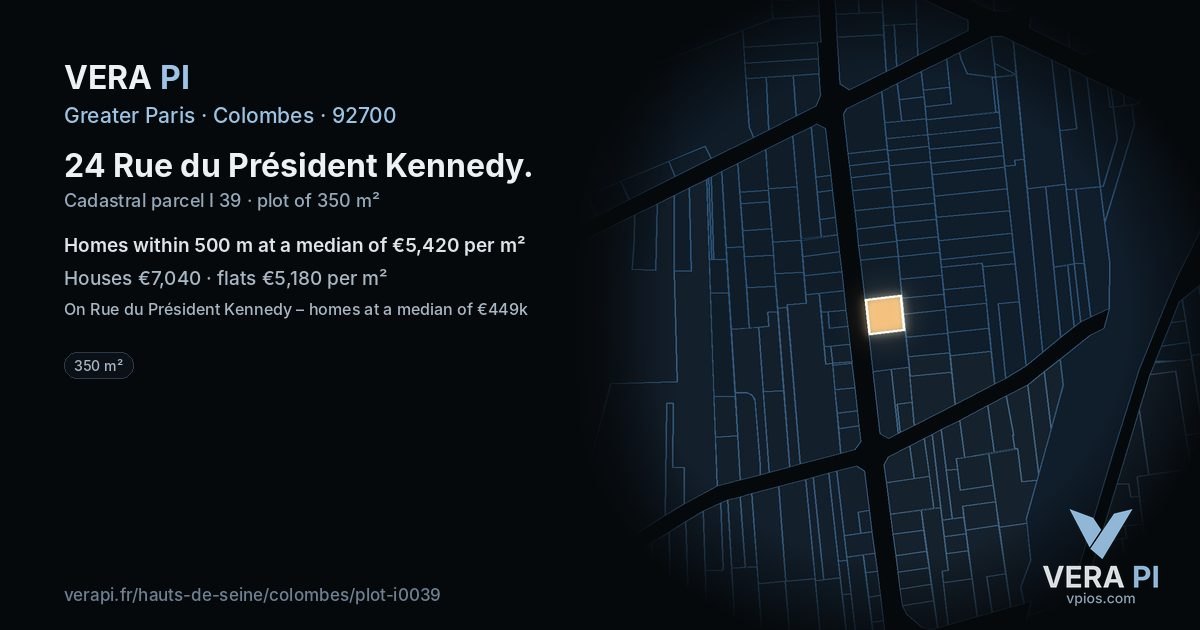 24 Rue du Président Kennedy, Colombes at night – the plot lit, the parcels around coloured by the prices near them
