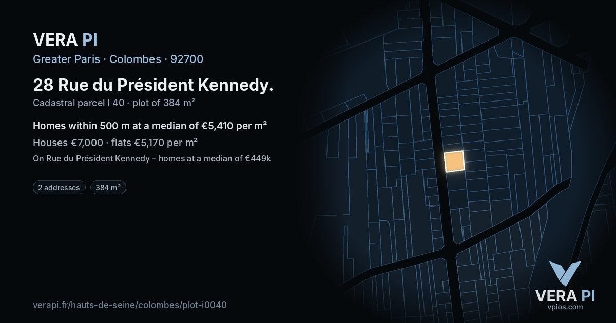 28 Rue du Président Kennedy, Colombes at night – the plot lit, the parcels around coloured by the prices near them
