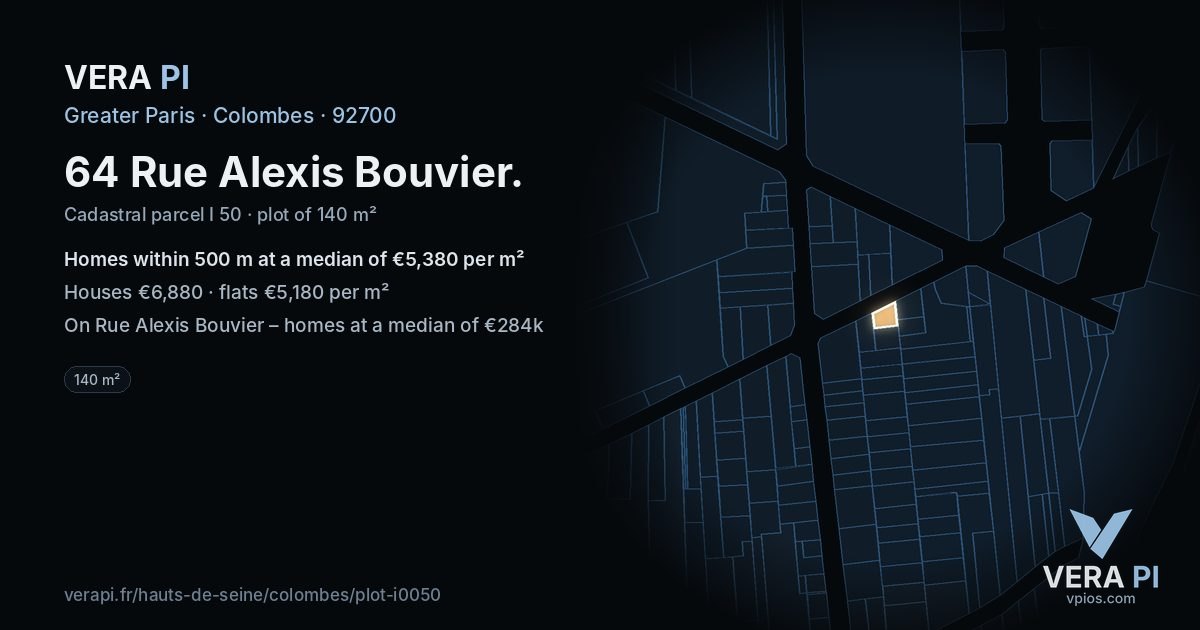64 Rue Alexis Bouvier, Colombes at night – the plot lit, the parcels around coloured by the prices near them