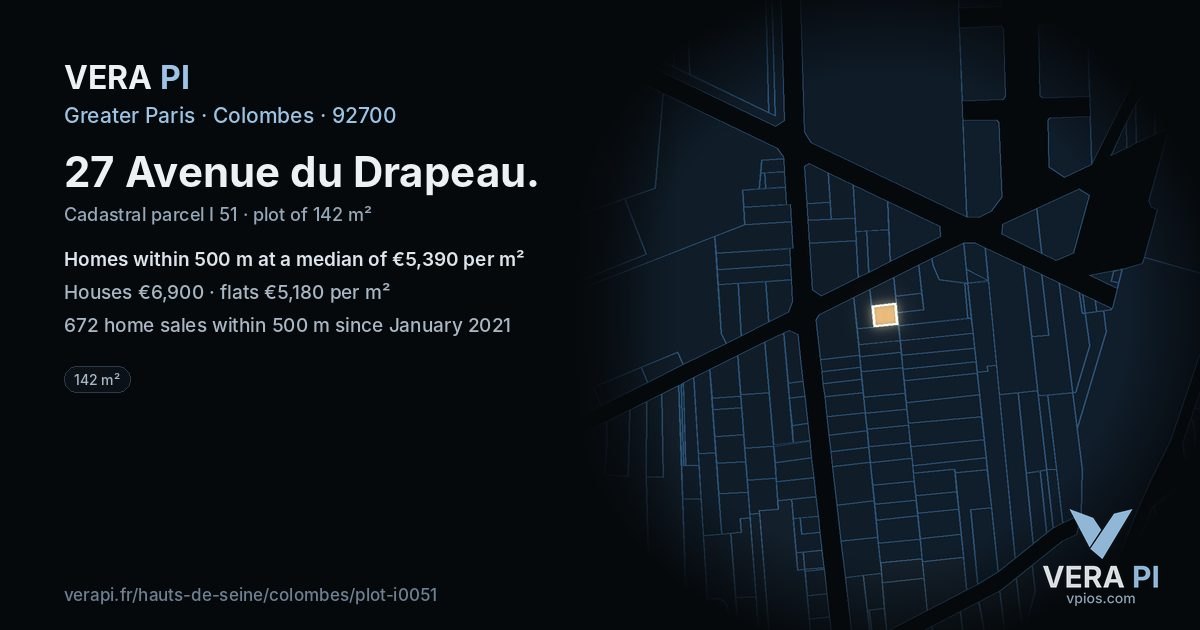 27 Avenue du Drapeau, Colombes at night – the plot lit, the parcels around coloured by the prices near them