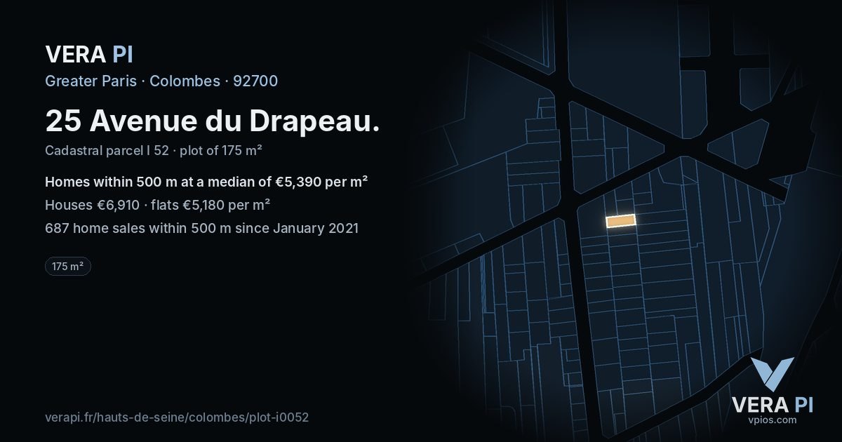 25 Avenue du Drapeau, Colombes at night – the plot lit, the parcels around coloured by the prices near them