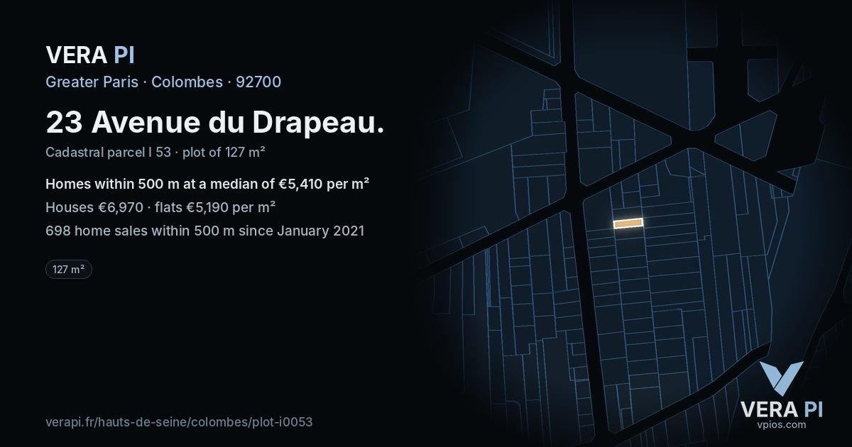 23 Avenue du Drapeau, Colombes at night – the plot lit, the parcels around coloured by the prices near them