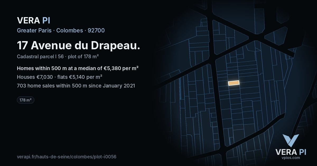 17 Avenue du Drapeau, Colombes at night – the plot lit, the parcels around coloured by the prices near them