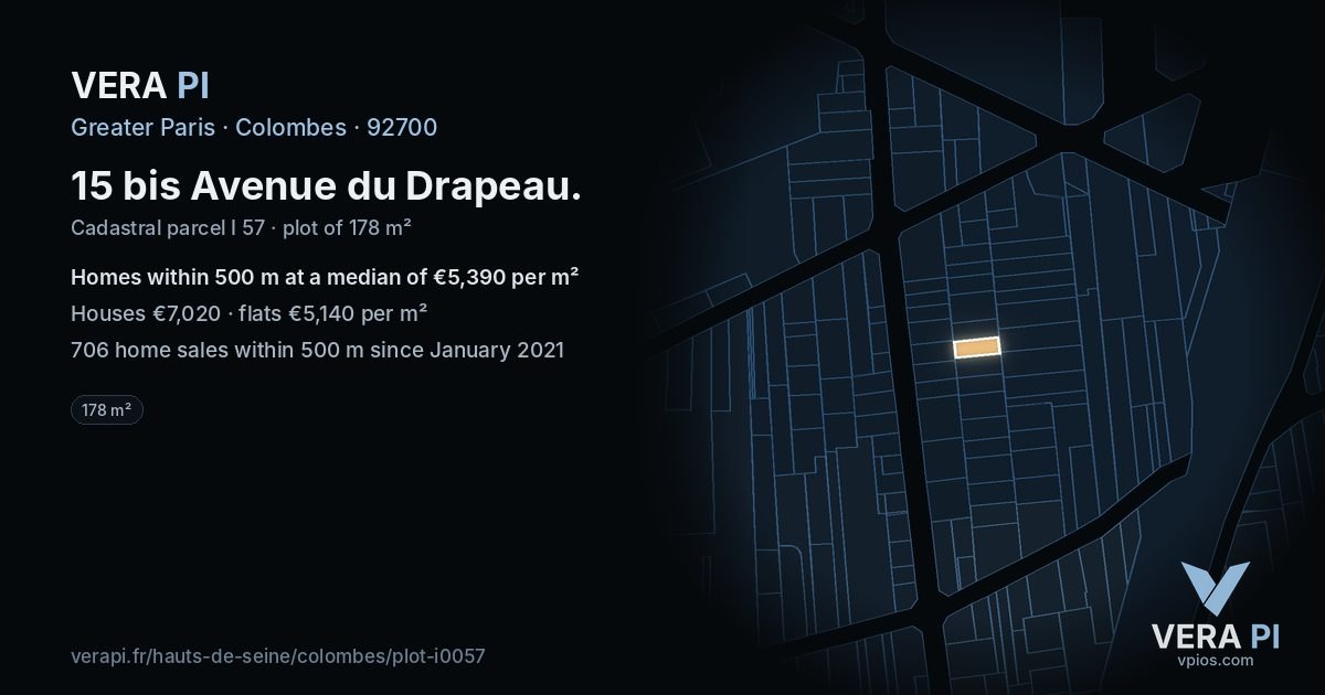 15 bis Avenue du Drapeau, Colombes at night – the plot lit, the parcels around coloured by the prices near them