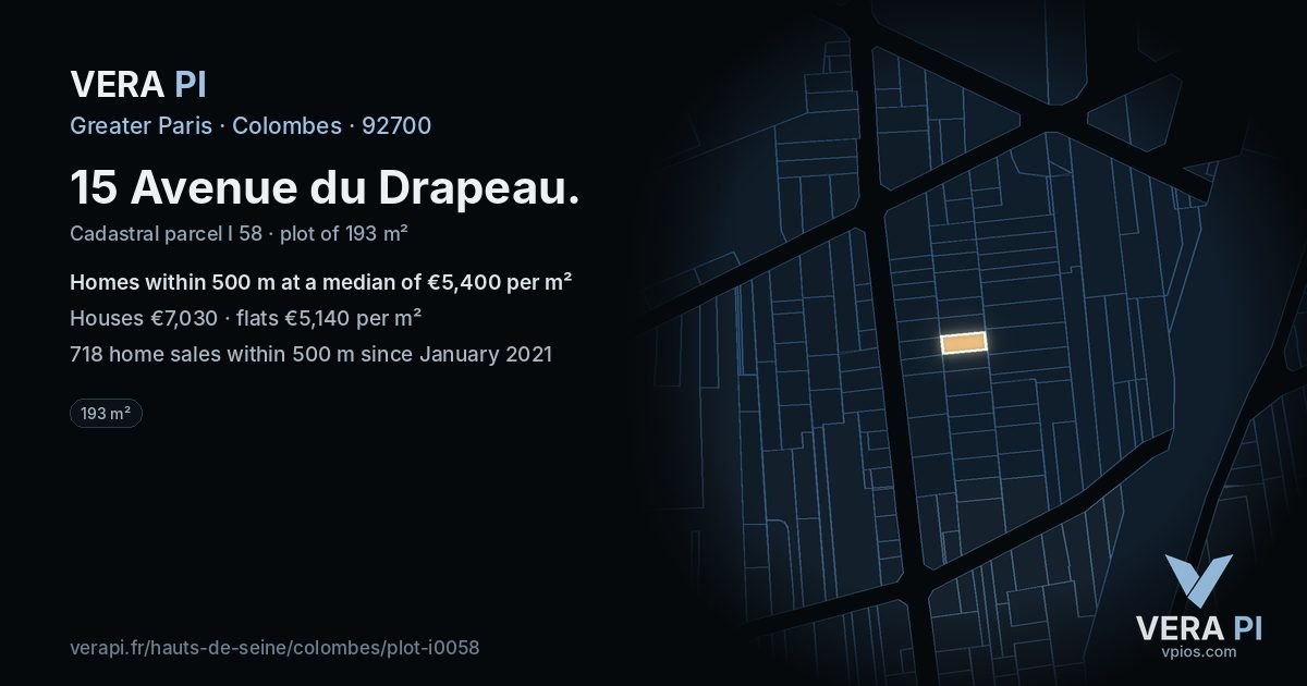 15 Avenue du Drapeau, Colombes at night – the plot lit, the parcels around coloured by the prices near them