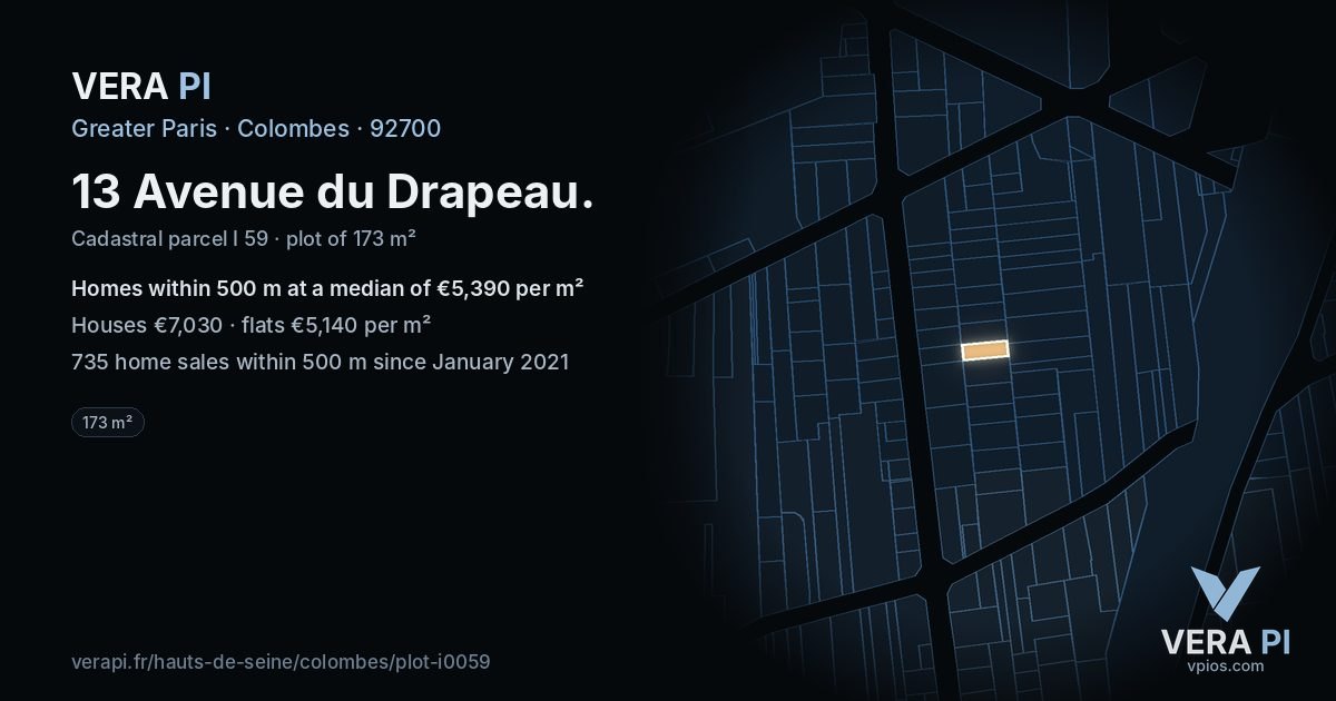 13 Avenue du Drapeau, Colombes at night – the plot lit, the parcels around coloured by the prices near them