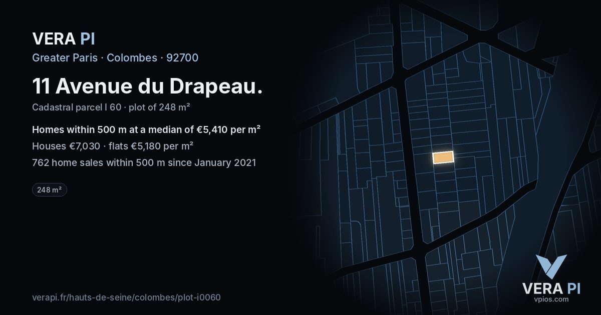11 Avenue du Drapeau, Colombes at night – the plot lit, the parcels around coloured by the prices near them