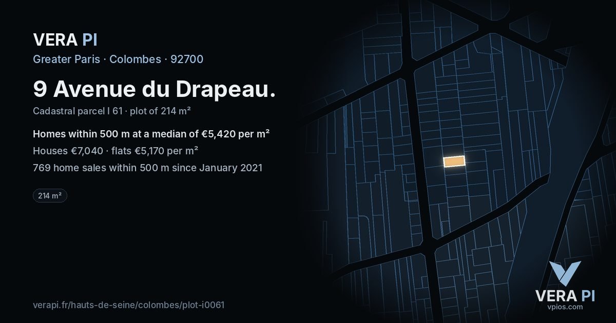 9 Avenue du Drapeau, Colombes at night – the plot lit, the parcels around coloured by the prices near them