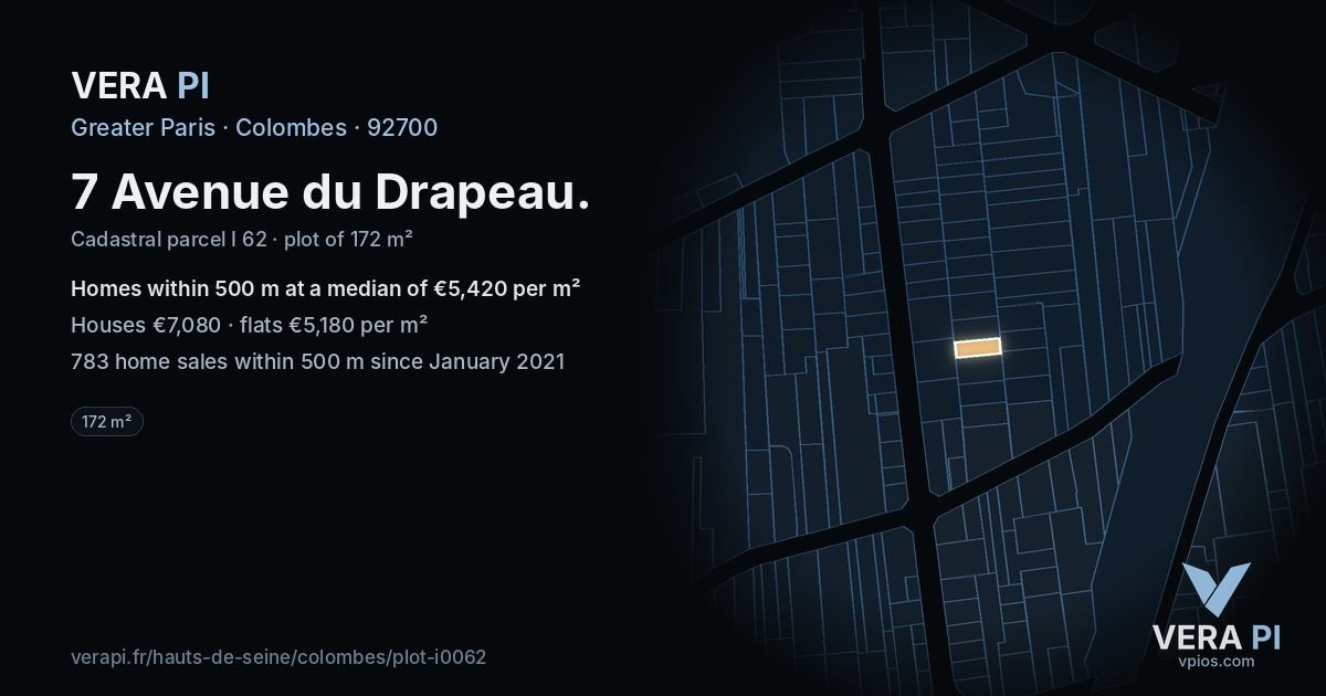 7 Avenue du Drapeau, Colombes at night – the plot lit, the parcels around coloured by the prices near them
