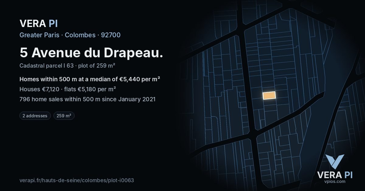 5 Avenue du Drapeau, Colombes at night – the plot lit, the parcels around coloured by the prices near them