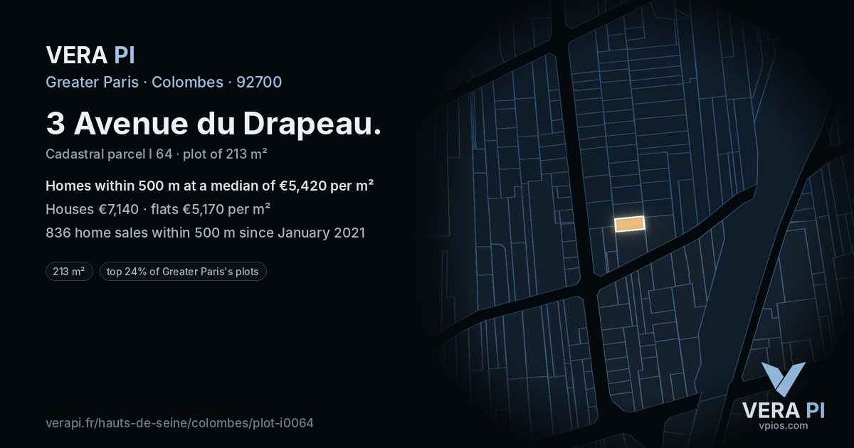 3 Avenue du Drapeau, Colombes at night – the plot lit, the parcels around coloured by the prices near them