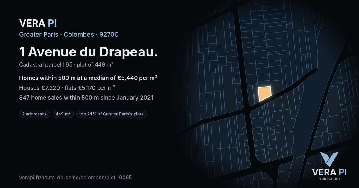 1 Avenue du Drapeau, Colombes at night – the plot lit, the parcels around coloured by the prices near them