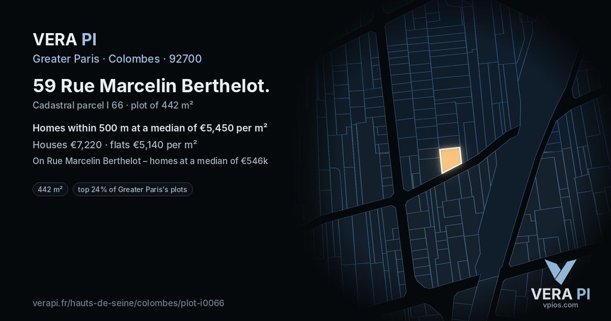 59 Rue Marcelin Berthelot, Colombes at night – the plot lit, the parcels around coloured by the prices near them