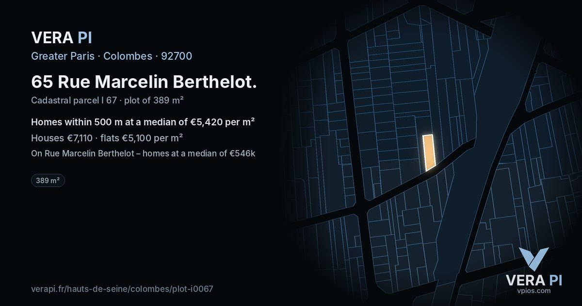 65 Rue Marcelin Berthelot, Colombes at night – the plot lit, the parcels around coloured by the prices near them