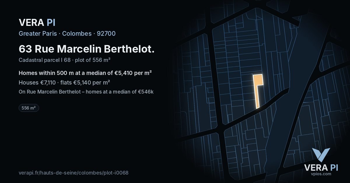 63 Rue Marcelin Berthelot, Colombes at night – the plot lit, the parcels around coloured by the prices near them